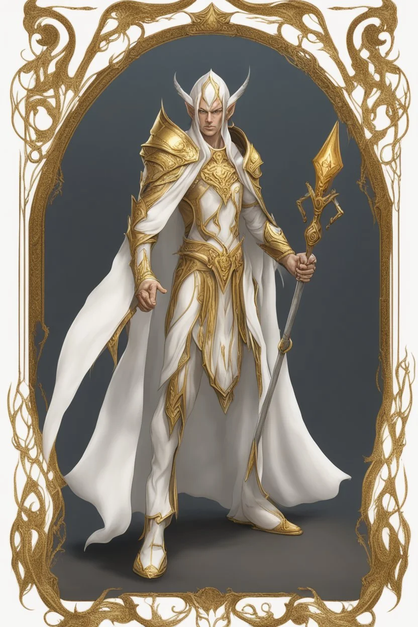 High elf time wizard wearing gold hemed white cloak holding a staff