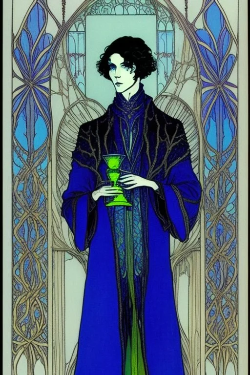 Young male alchemist with blue eyes, wearing long robes, holding a potion flask in the style of Harry Clarke
