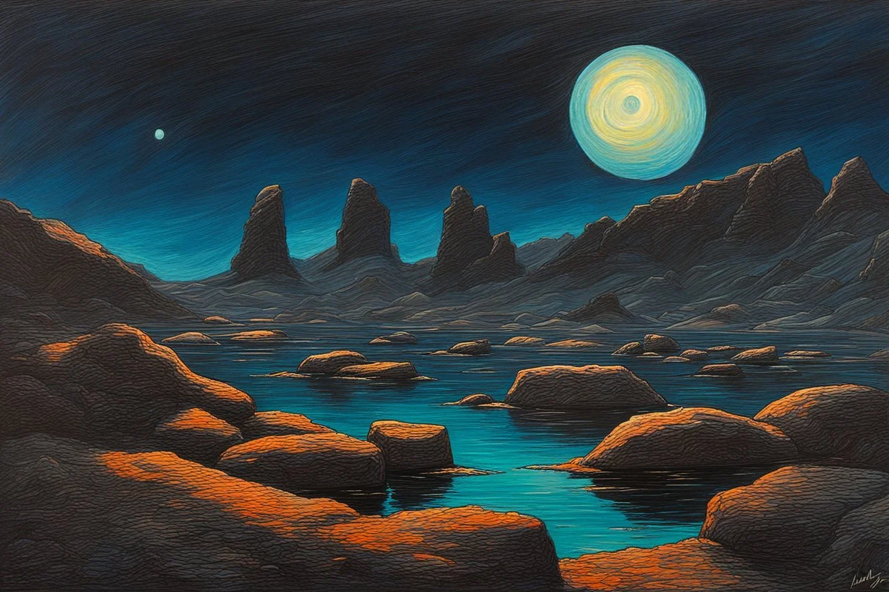 Rocks, night, 2000's sci-fi movies influence, ludwig dettman impressionism painting