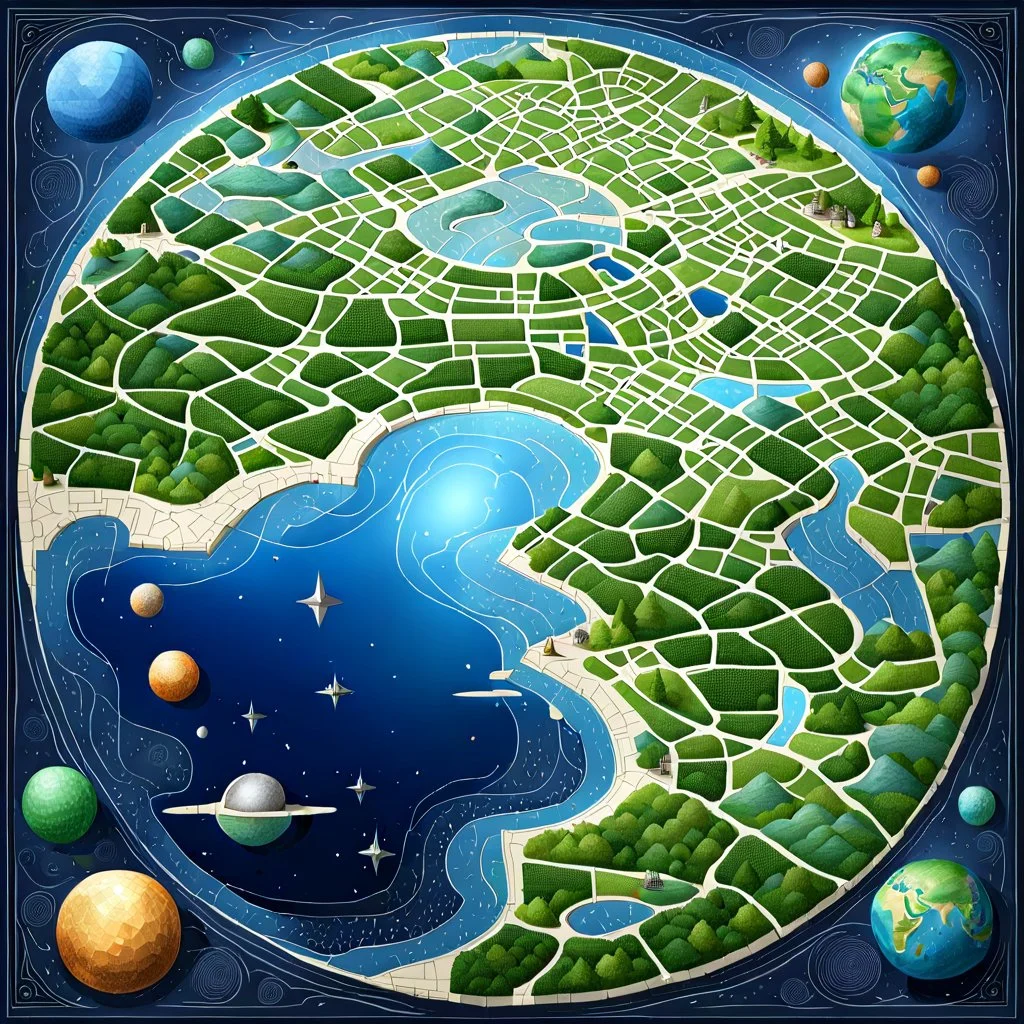 A realistic drawing of a map of the Mosaic worlds. Different scenery, different fictional worlds