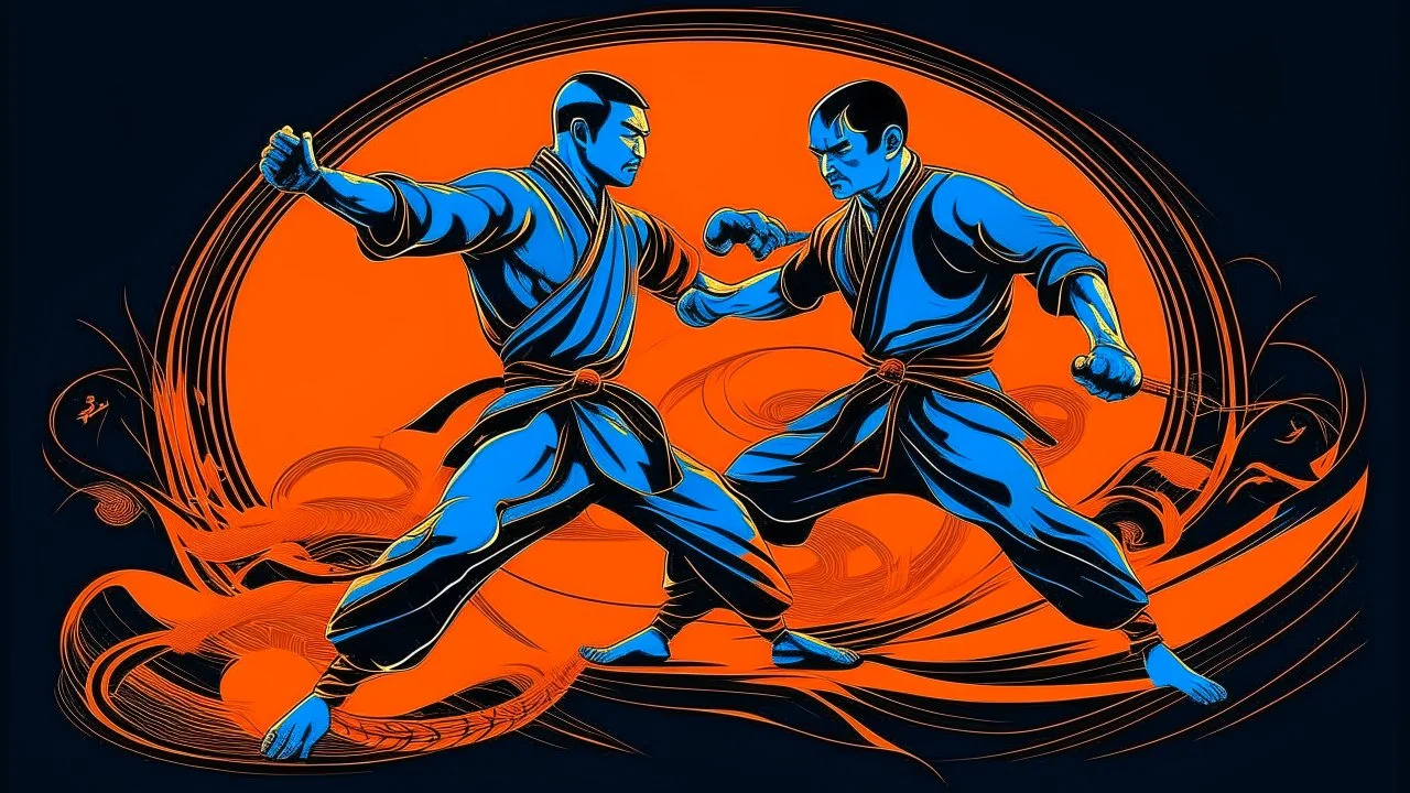 An image of two wushu fighters fighting in a black, orange, and blue color scheme.