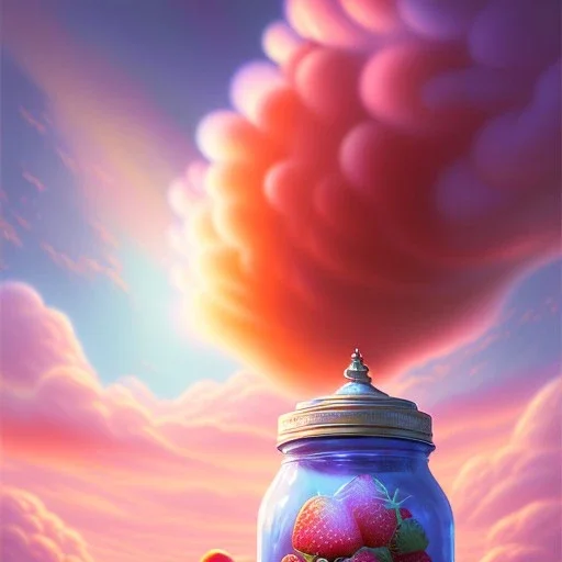 pixar style,realistic painting of a big jar with marmelade and a woman,volumetric blue clouds,pink sky environment and flying strawberries in background, volumetric lighting,dramatic lighting, detailed digital painting, extreme dense and fine fur, anime, ornate, colour-washed colors, elegant, small minutiae, tiny features, particulars, centered, smooth, sharp focus, renderman gofur render, 8k, uhd, detailed eyes, real