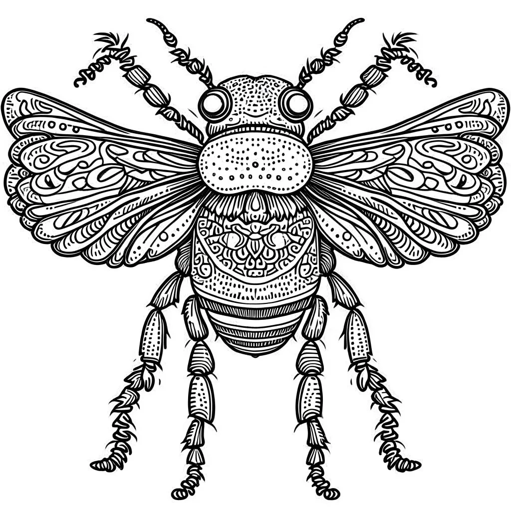 outline art for instects for adults with housefly , white background, Sketch styl, only use outline. clean line art, no shadows and clear and well outlined, Intricate Patterns and Details