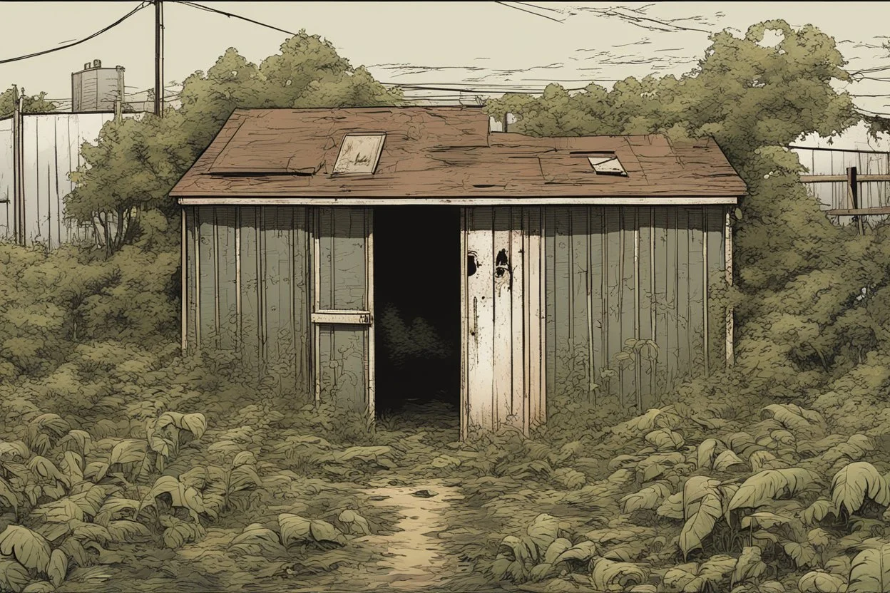 shed, overgrown apocalyptic, background, comic book,