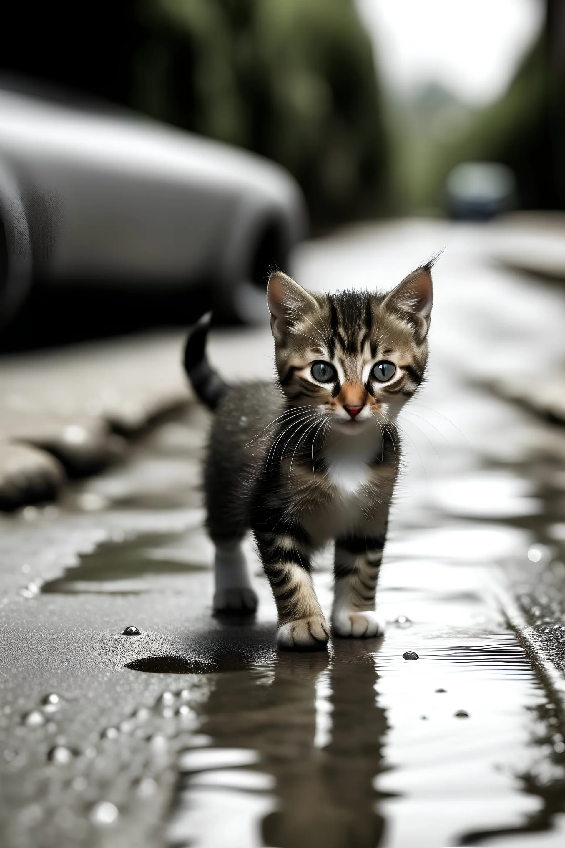 small cat with water in the road