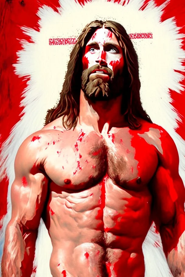 "Beefcake Jesus" depicts a satirical portrait of a sexy muscular Jesus that has had red paint splattered on it by Fundamentalist protestors