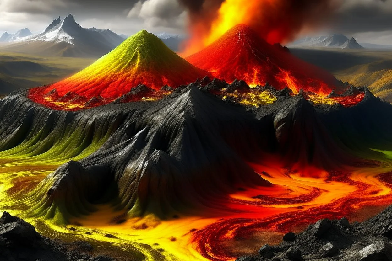 acidic soil with lava and mountains , red white yellow black colors , magic the gathering style, hyper realistic style