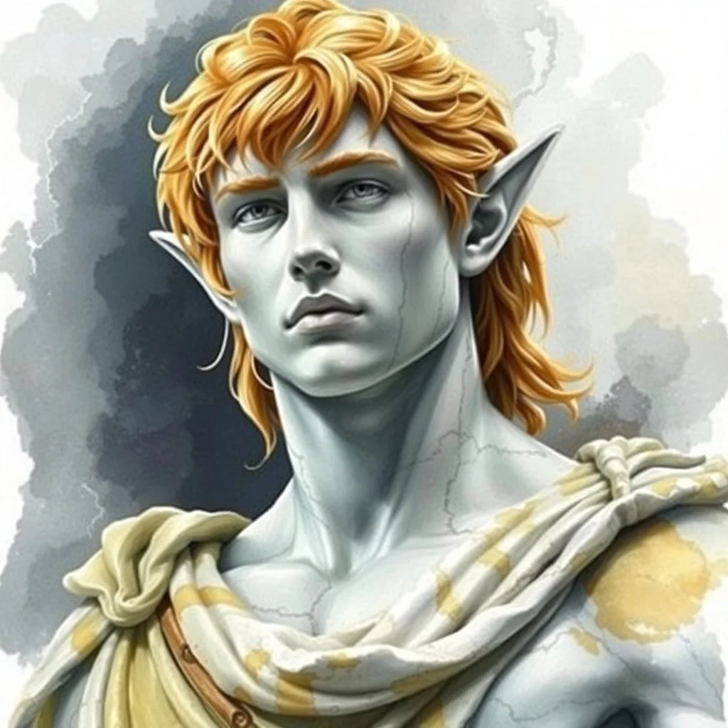 fantasy, dramatic portrait, marble statue of an elf male, marble skin, watercolour, golden hair, warrior, mighty, righteous