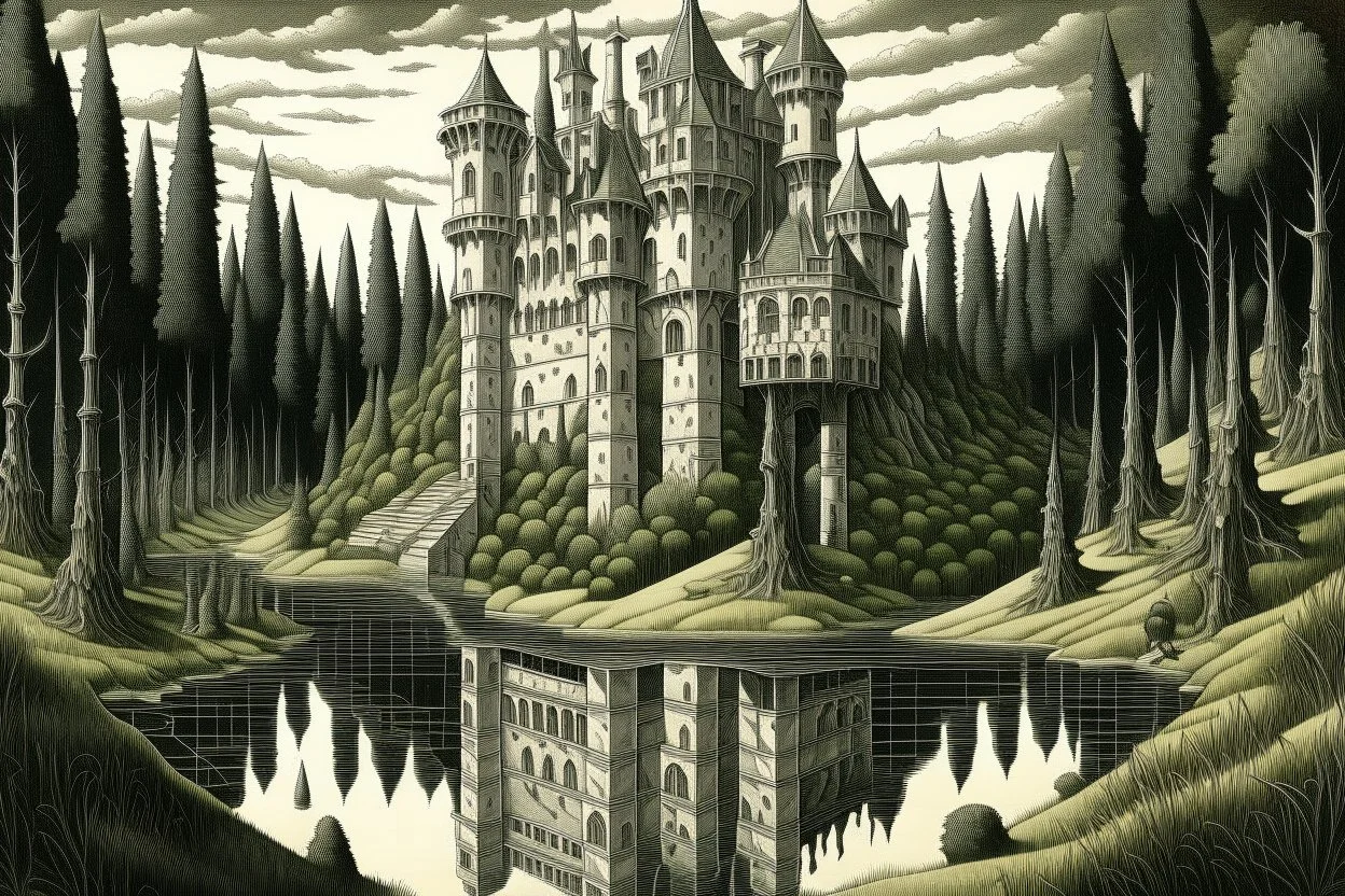 A giant castle near a swamp filled with ghosts painted by MC Escher