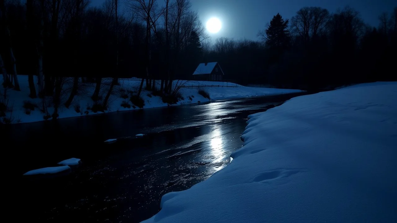 This serene winter landscape features a moonlit scene with a reflective stream amidst snow-covered terrain and bare trees. The wide, dark stream reflects the bright full moon, creating a sense of calm and slightly eerie atmosphere. A small, rustic house is partially hidden by trees in the background, adding a touch of warmth and solitude to the scene. The contrast between the pristine white snow and the deep colors of the stream captivates the viewer, while the quiet stillness invites contemplat