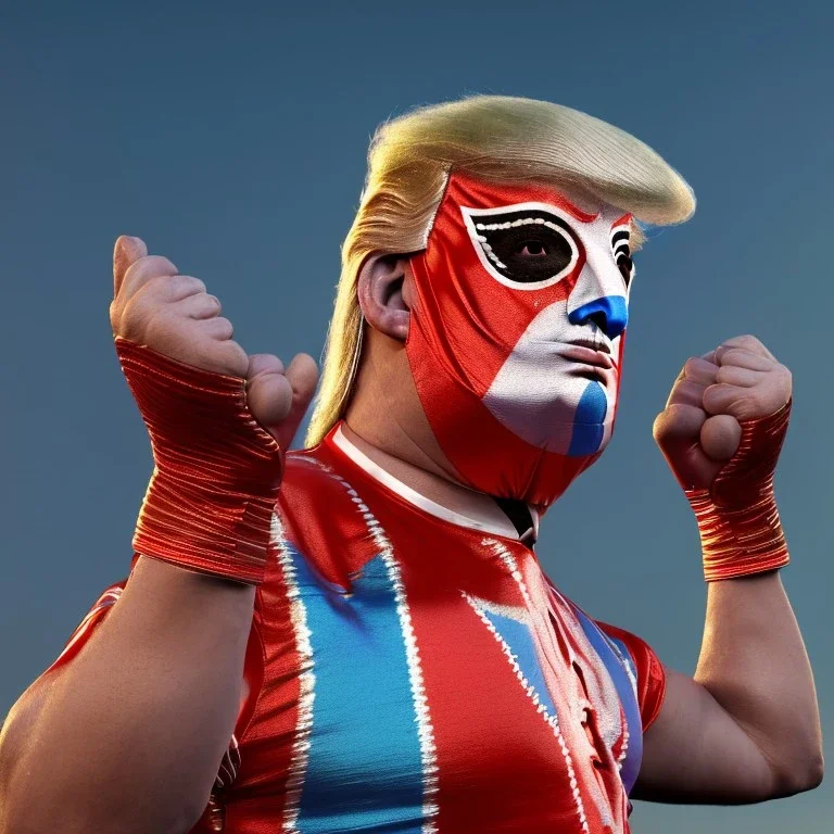 realistic image of donald trump as a mexican wrestling wrestler posing outdoors, dressed in retro mexican wrestling tights, Mexican wrestling mask, red and blue breeches, suspenders, retro style, 80s, vibrant color, highly detailed, sky background, concept art, unreal engine 5, god rays, ray tracing, RTX, lumen lighting, ultra detail, volumetric lighting, 3d, finely drawn, high definition, high resolution.