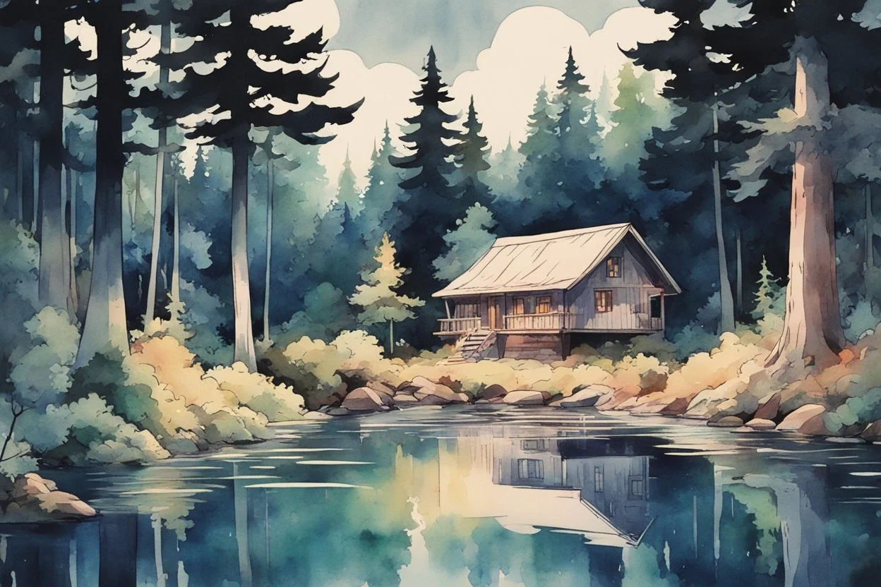 retro anime style, full color, dark serious 1980s anime style, A lake in the forest with a cottage, watercolor, forest,