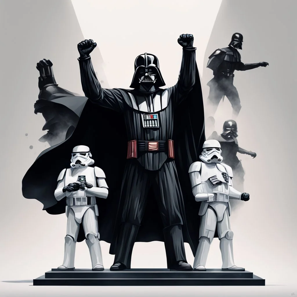 Create a beautiful illustration that showcases Darth Vader, adorned in his iconic black cape, standing triumphantly on the highest Olympic podium as the undisputed champion holding a fist up in the air. Flanking him on two lower podiums are two white-clad Stormtroopers, looking sullen. Set this scene against a white background.