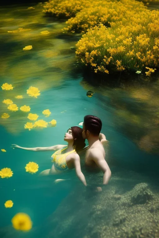 eva and adam underwater with yellow flowers for hair, closed eyes, rtx, reflection, 8k, glow, winning photography, caustics