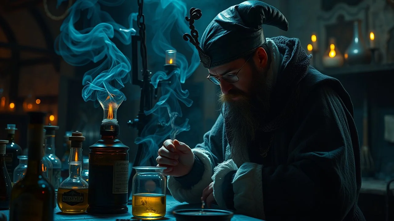 Alchemist in 16th century laboratory doing alchemy experiments, exquisite composition, atmospheric, mysterious, beautiful detailed intricate detailed octane render trending on artstation, 8k artistic photography, photorealistic concept art, volumetric light, chiaroscuro, award-winning photograph, masterpiece, raphael, caravaggio, greg rutkowski