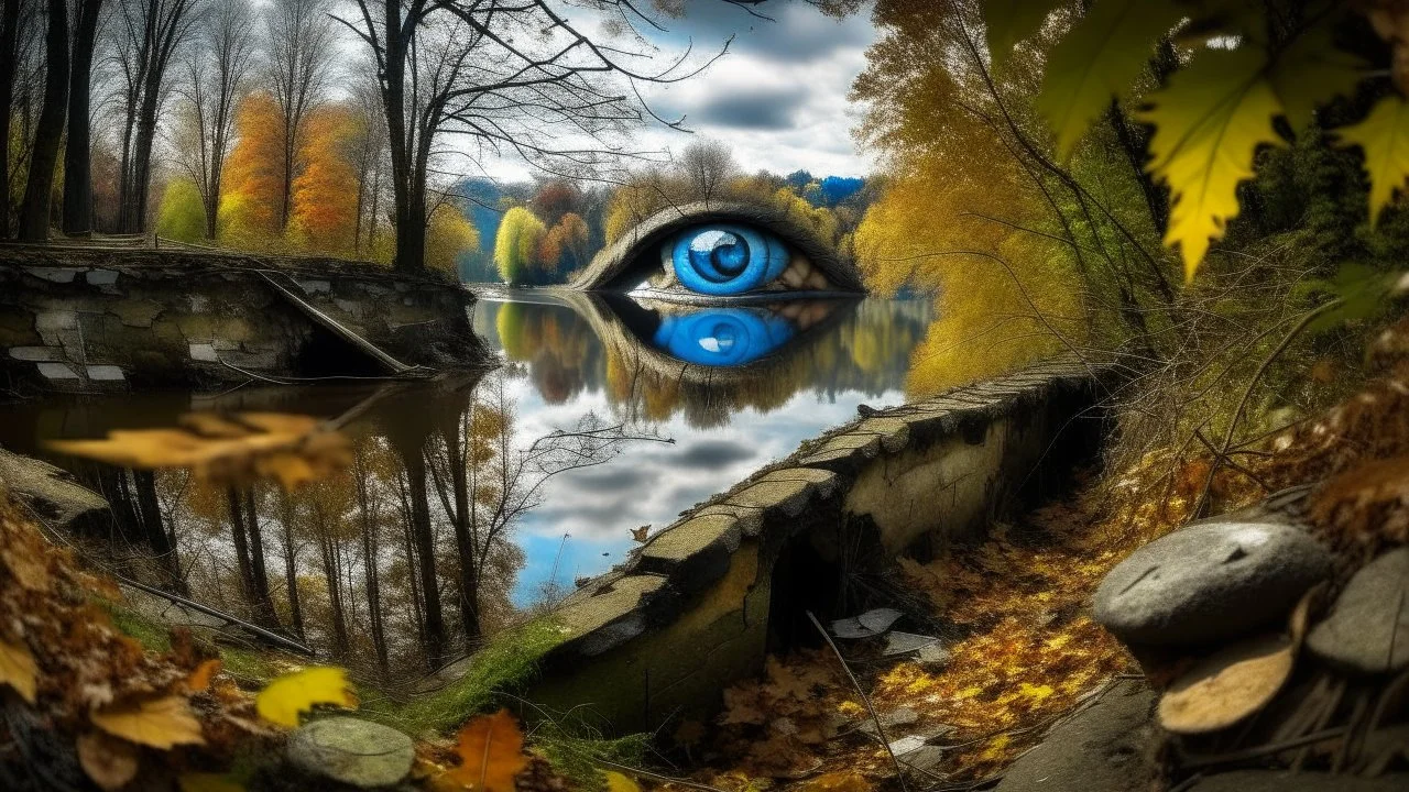graffiti of an eye painted on a ruined wall, in the middle of an autumn landscape with a river in the foreground on which it is reflected