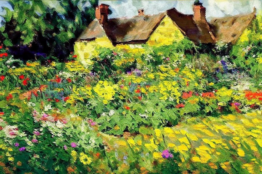 English cottage garden in the style of frank auerbach