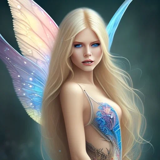 magnifique belle sexy fairy souriante avec de magnifiques ailes et des cheveux longs blonds,yeux bleus