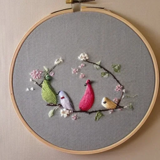 exquisite whimsical birds in embroidery hoop, intricate, highly detailed, linen and wood backdrop