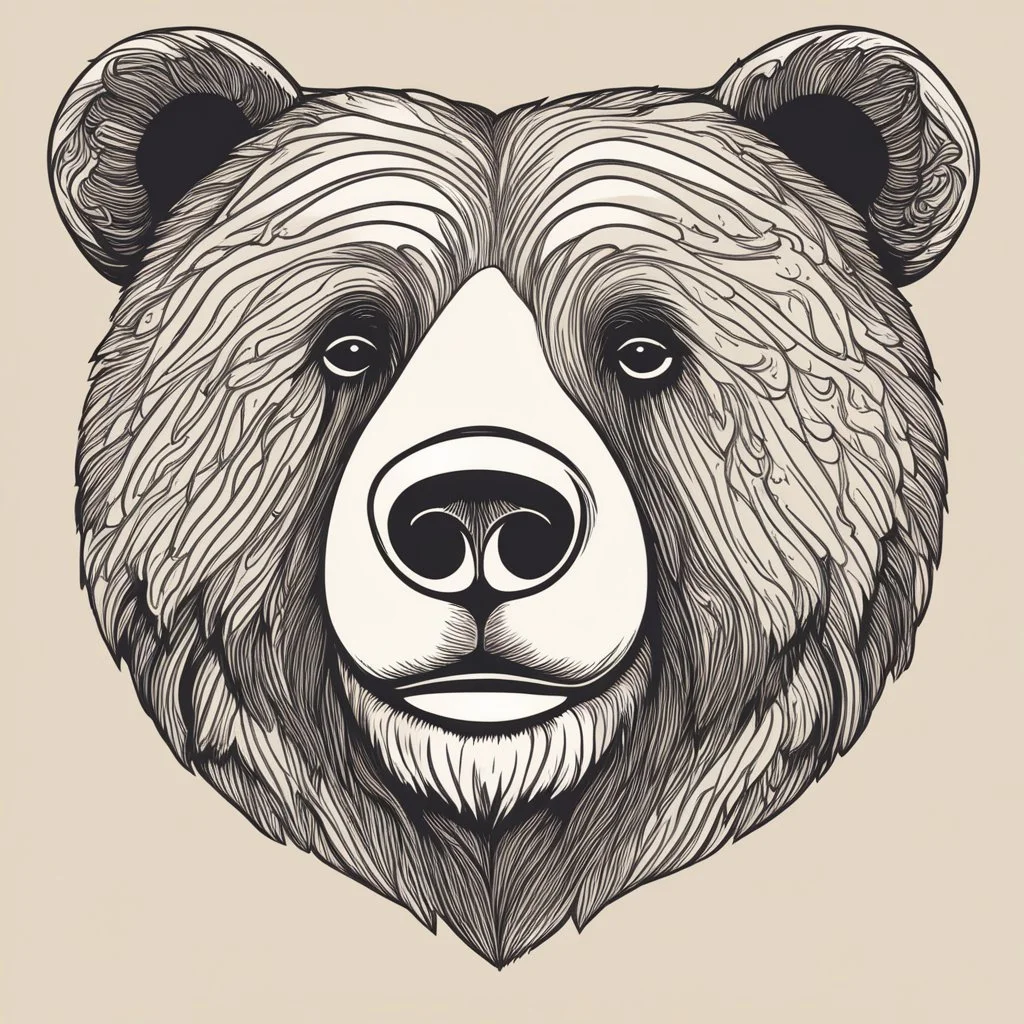 funny bear head from profile, simplified sketch 70's cartoon style, monochromatic letterpress technique