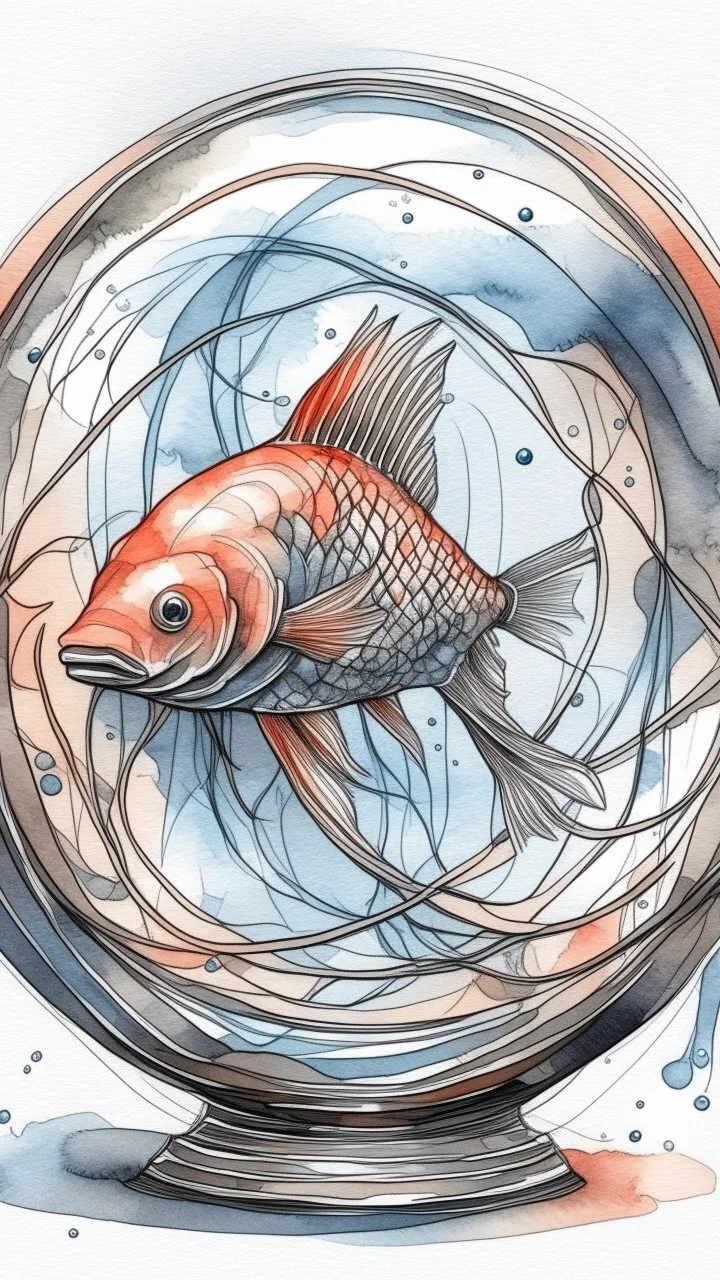 Create a fish in side a crystal ball with a smear . watercolor drawing fine line draw