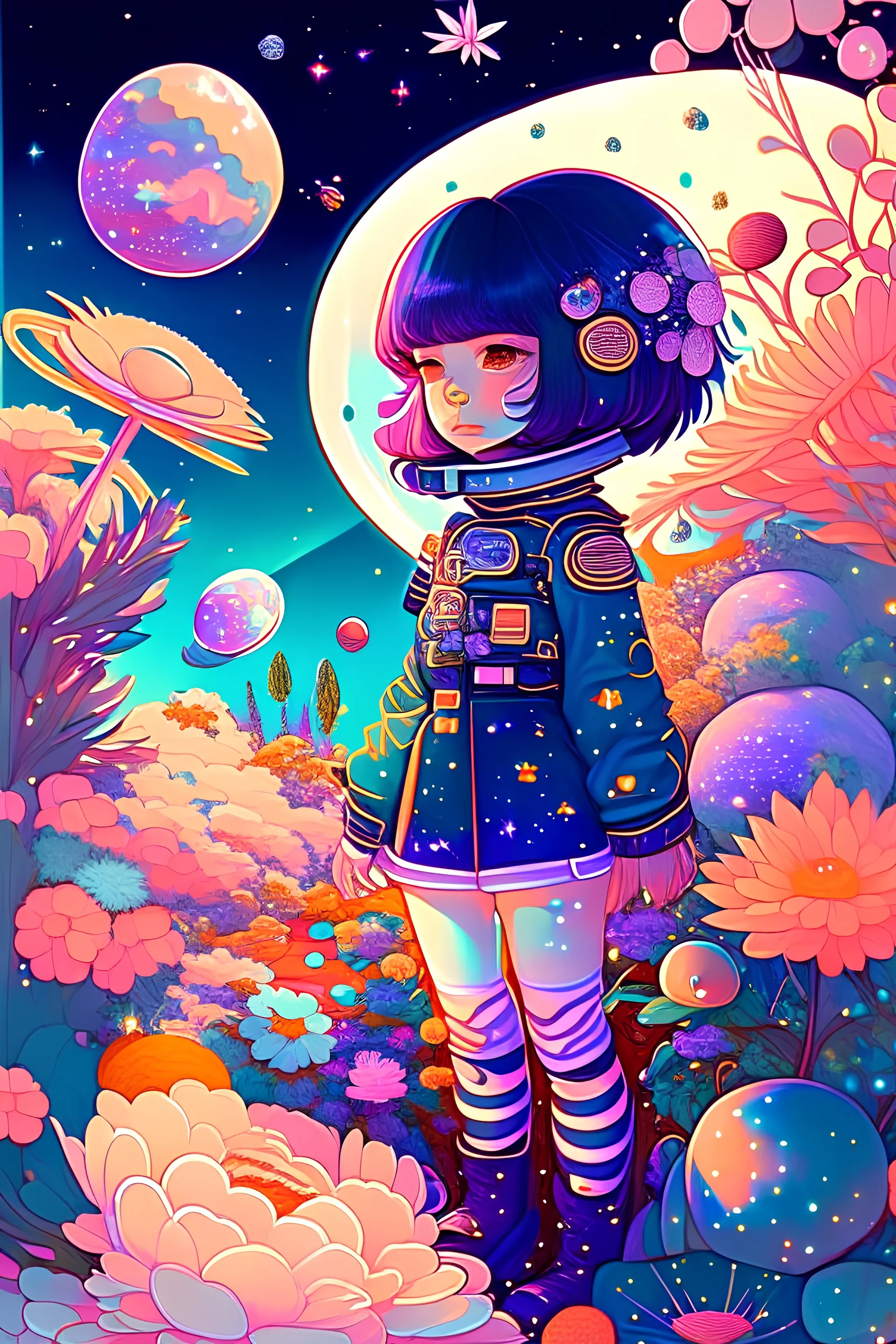 A chibi style drawin, anime girl, in a space garden on a spring day, view of stars and planets, by martine johanna and simon stalenhag and chie yoshii and casey weldon and wlop : : dynamic, particulate, rich colors, intricate, elegant, kawaii