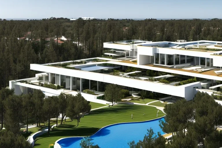 Day in algarve quinta do lago, architectural view, modern luxury villa architecture building WITH STRAIGHT LINES AND CANNOPY in white render and wood with pergolas in gold metallic details and a modern luxury hotel building with two floors and extending covered terraces cascading, pinus pinea overlooking the golf course, green roofs and pools, sloped land with pinus pinea, hyper realistic 8k ultra render