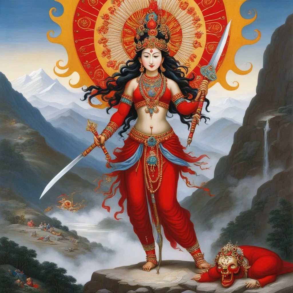 Vajrayogini, crimson dancer of the thunder path in Tibet, stands upon the corpse of ego, her curved blade flashing to sever delusion, her skull-cup brimming as desire ripens into wisdom; fierce and ecstatic, she weds great bliss to emptiness, teaching that nothing is cast aside but all is transmuted, and in her blazing form the seeker dissolves, discovering the luminous mind—swift, compassionate, and utterly free.