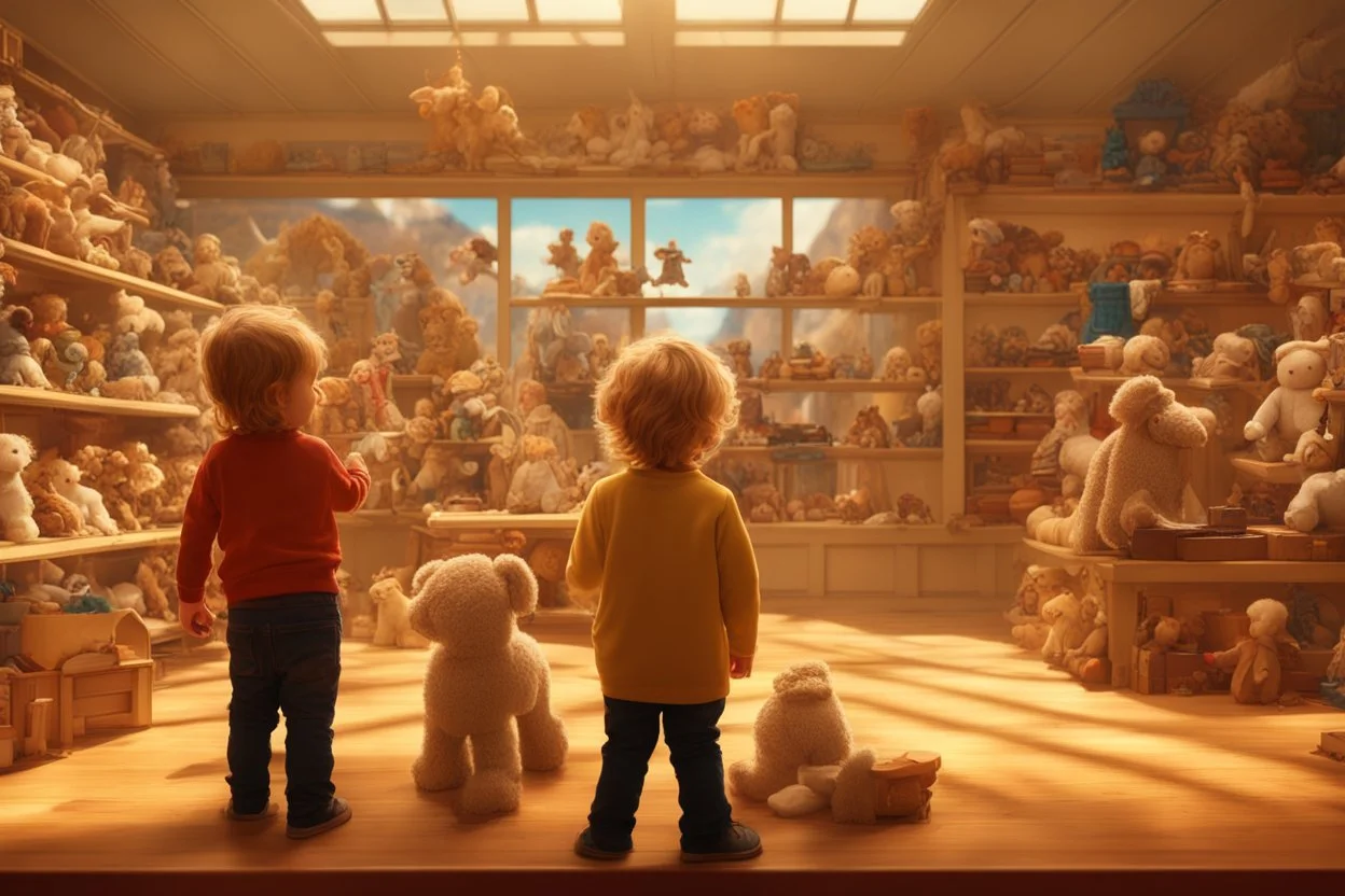 a little boy with curly blond hair is standing with his back to us, looking at toys (stuffed animals, building blocks, trains, legos, rocking horses) in a toy shop window Nikon D850 digital painting fantasy 4k very attractive fantastic view ultra detailed 4K 3D cinematic postprocessing in sunshine