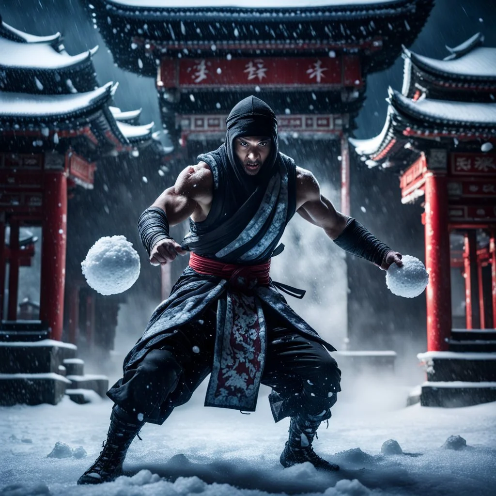 Hyper Realistic Photographic View Of A Handsome Muscular Ninja in his Traditional attire unleashing & attacking with frozen-ice-balls outside a dark abandoned Chinese Temple Ruins at dark heavy snowfall night with dramatic lighting & cinematic ambiance.