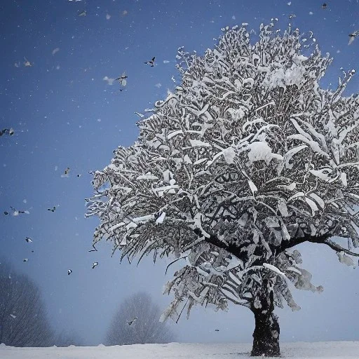 snow tree with birds