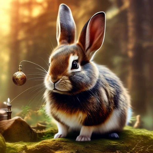 Forest in steampunk rabbit, extremely detailed, UHD, 8k,The close-up camera effect,sharp focus,perfect,position,hyperphotorealistic