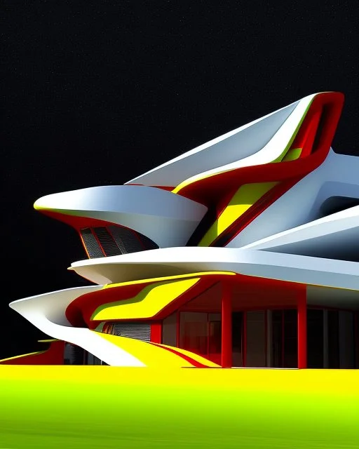 Arte de tinta casa estilo Zaha Hadid color rojo amarillo y blanco 8k