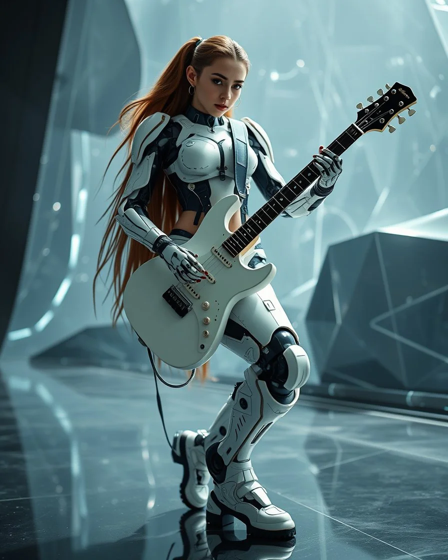 Dynamic pose Rocker, Front view full body all to feet rendering Beautiful Female as Futuristic Hybrid Cyborg mecha robotic Guitarist body chasing clear surfaces it from made transparency super clear glass explore inside components nature plants, advance design futuristic sci fi picture,find details futuristic background ,Sony Alpha 7 50mm 1.8,medium shot, high-resolution image with fine details,ultra detailed,ultra realistic,extremely realistic,intricate,photorealistic,epic composition