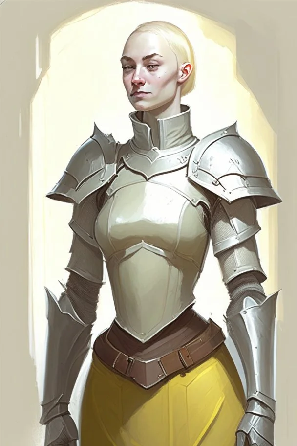 full length colour drawing, portrait, 22-year old friendly slender female human cleric, shaved head, blonde eyebrows, grey eyes, wearing armour