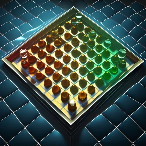 isometric, glass of many coloured liquid with ice cubes on a marble chess board, raytraced reflections, volumetric fog