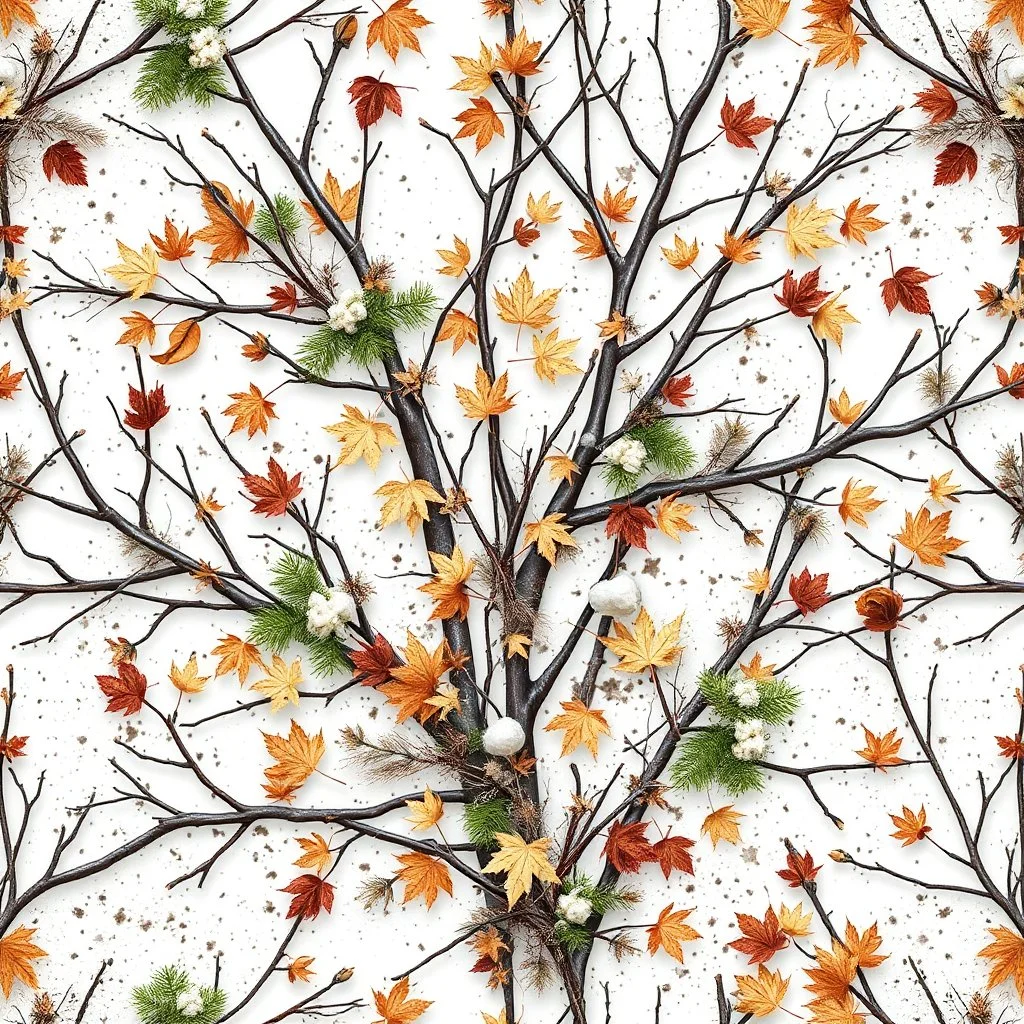 detailed Real Tree Camouflage made of bare bush branches, fir branches, dried maple leaves, snow and dirt, white background, seamless repeatable texture camo pattern
