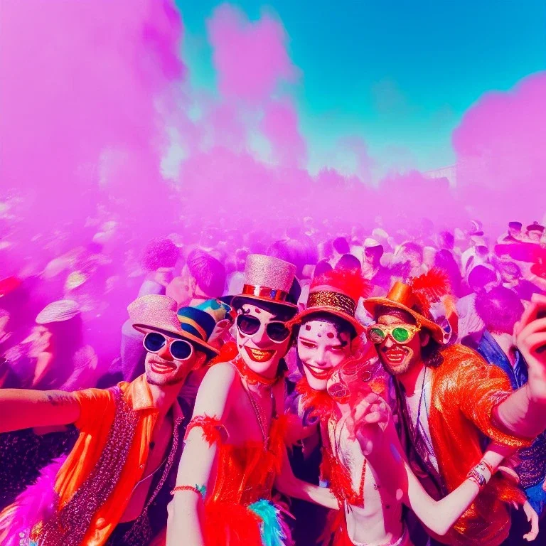 Ultra Realistic selfie, medium shot view, drunken dancer sexy women, carnival scene, retro steampunk. confeti, Sunglasses, smoking, happy, festival, red fog. highly detailed, concept art, unreal engine 5, ray tracing, RTX, lumen lighting, ultra detail, volumetric lighting, 3d, finely drawn, high definition, high resolution.