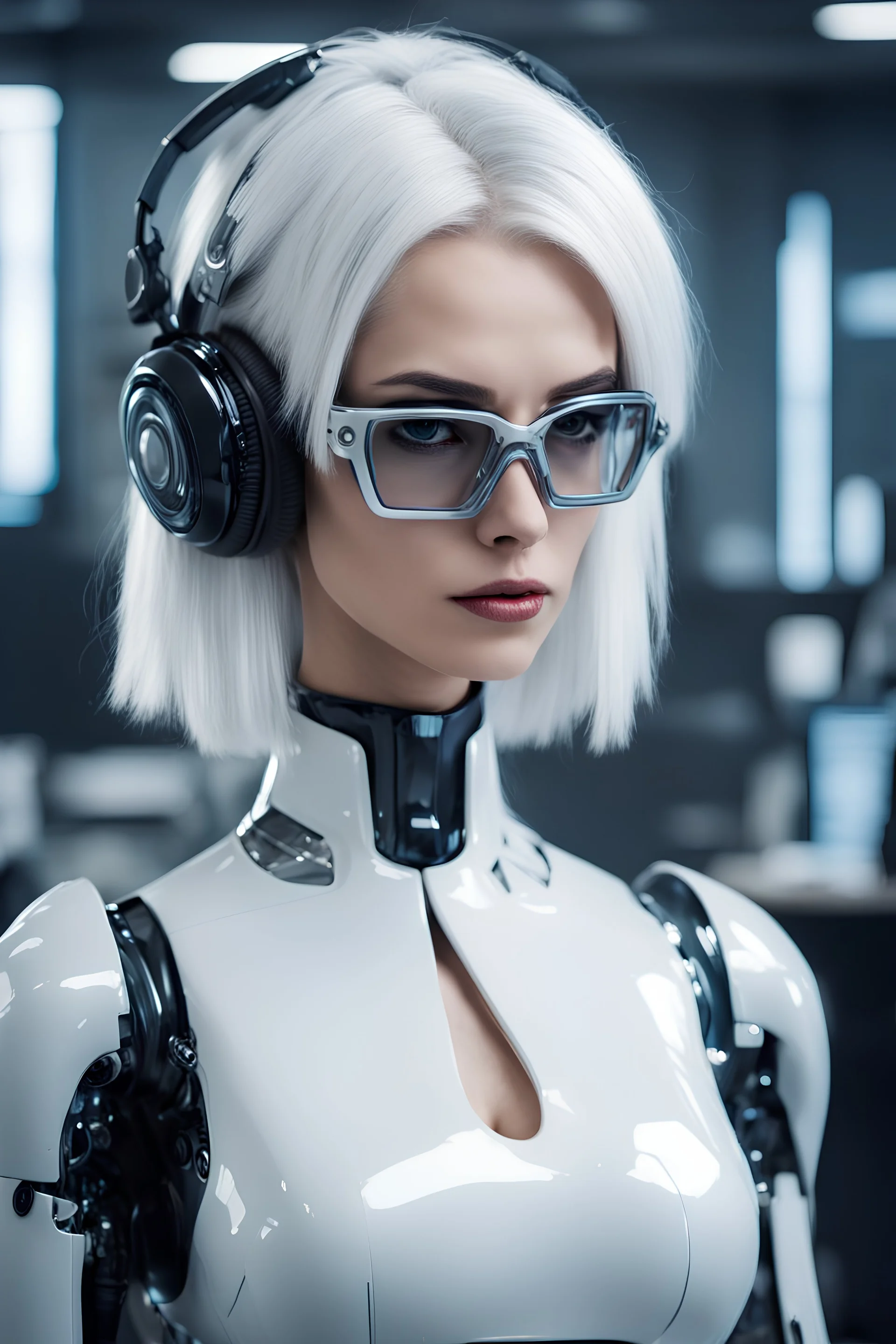 robot, beautiful woman, white hair, latex dress, cyberpunk glasses, office worker, headset,