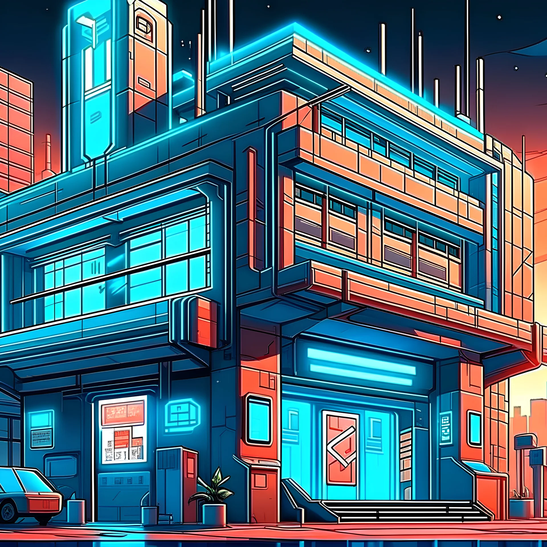 cyberpunk retro futuristic hospital with cross sign for comics