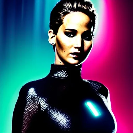 Ultra detailed fullbody Portrait in oil on canvas of beautiful punk busty Jennifer Lawrence biker from Tron legacy,intense stare,wearing minimal skintight latex suit,extremely detailed digital painting, extremely detailed face,crystal clear Big eyes,mystical colors,perfectly centered image, perfect composition, rim light, beautiful lighting,masterpiece,8k, stunning scene, raytracing, anatomically correct, in the style of Ohrai Noriyoshi and Evan lee and robert and howard and Simon Bisle