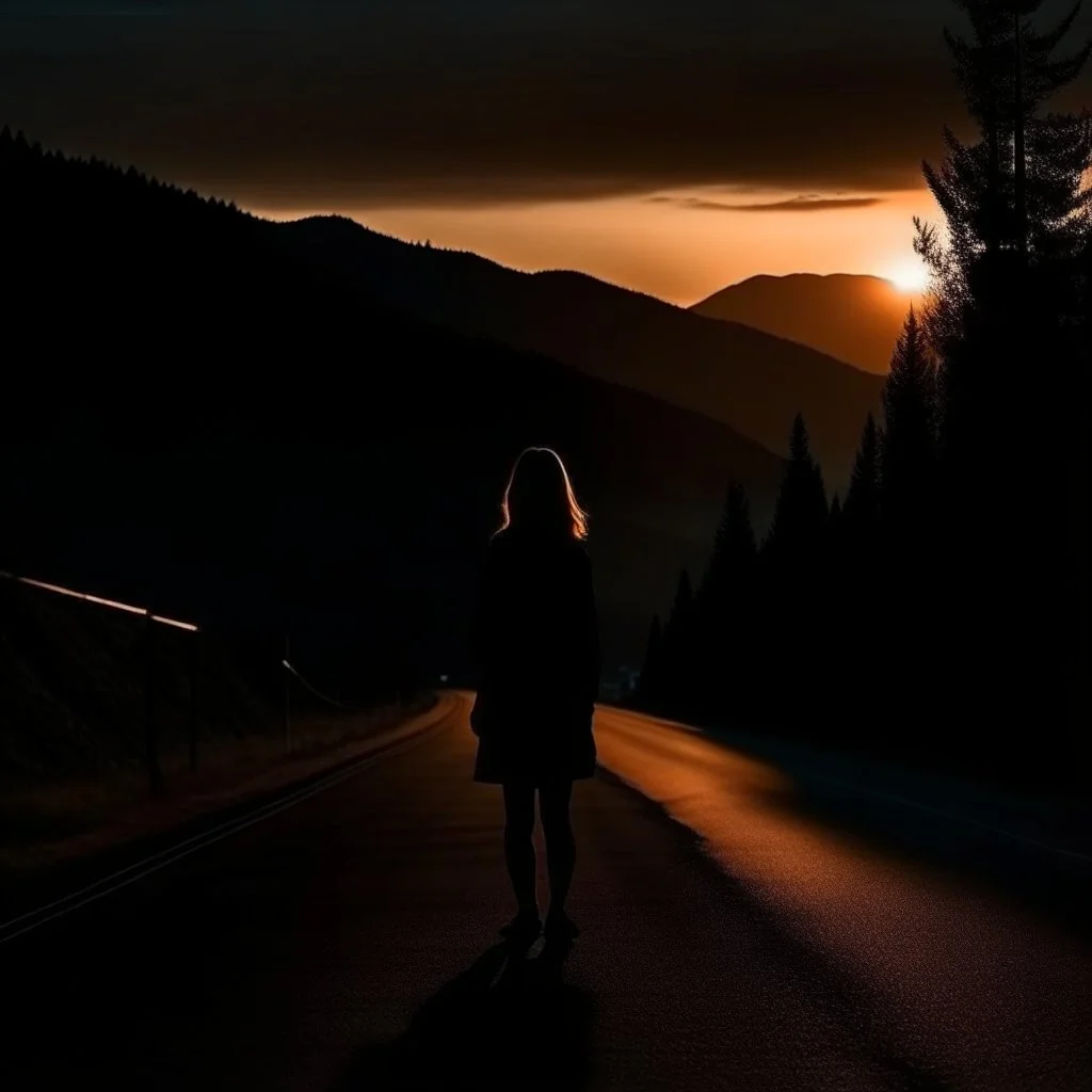 dark night, a woman silhouette on the side of the road,, mountains and forests next to the road, a beautiful orange sunrise in the distance, photo quality