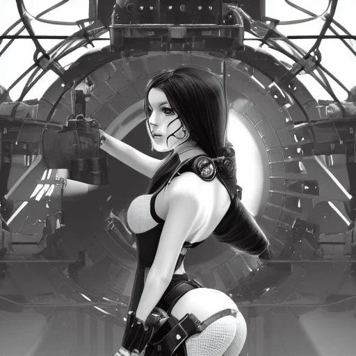 great illustrator, spanish, realistic rendering of a cute girl, beautiful, steampunk syle, black and white. Helmet with tubes. breathing tube. Machinery in the background. robotic bird flying. High details. 4k. unreal engine