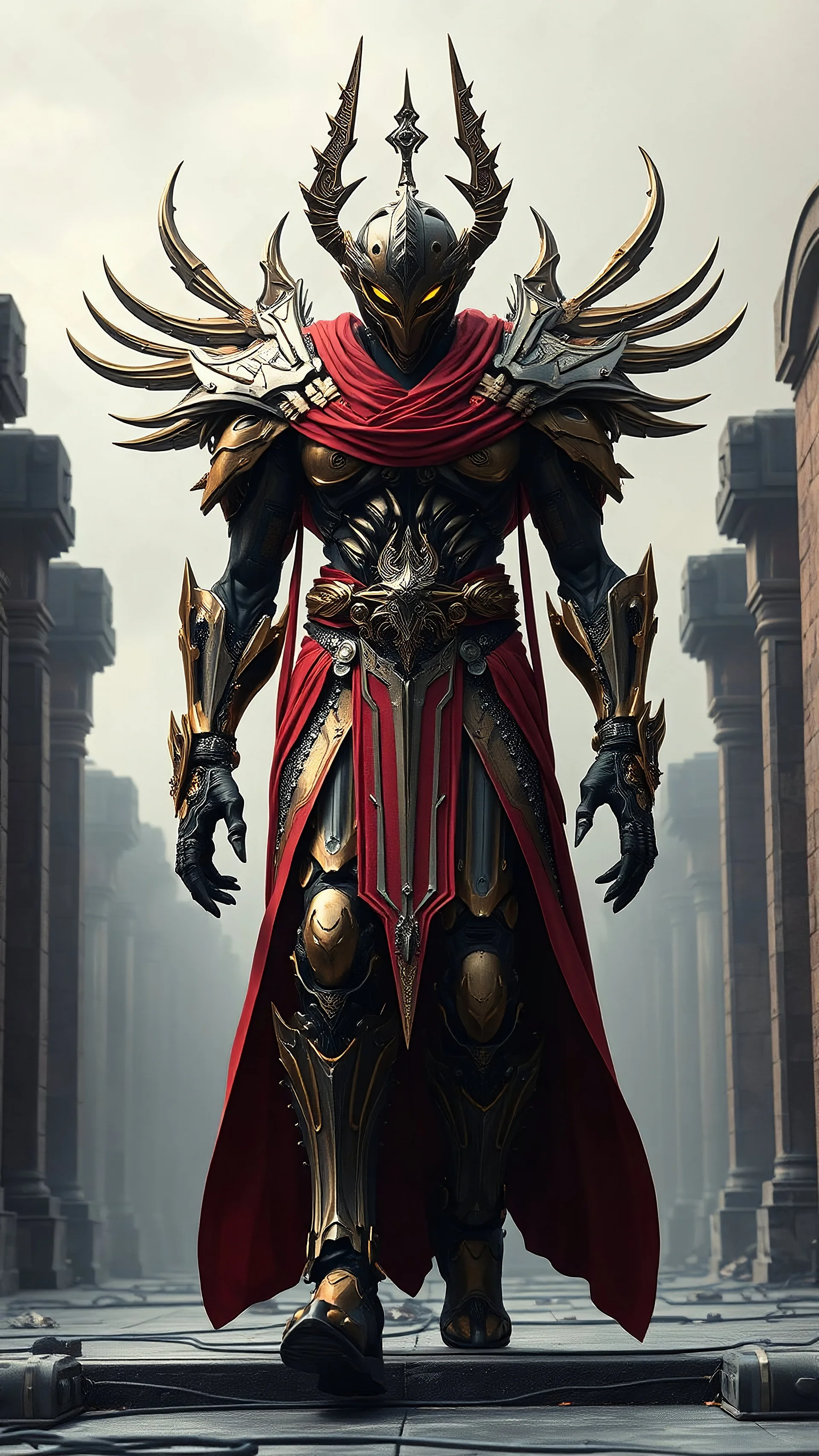 A centering dynamic view action showcasing the fusion of Horus and Neumorphic elements, depicting a fully fantasy male blood mecha-man. Its intricate mechanisms are driven by interlocking robes and complex mechanical blade embedded throughout its massive deco frame. Stance walk on black mechtech wall abandone cathedral. no camera