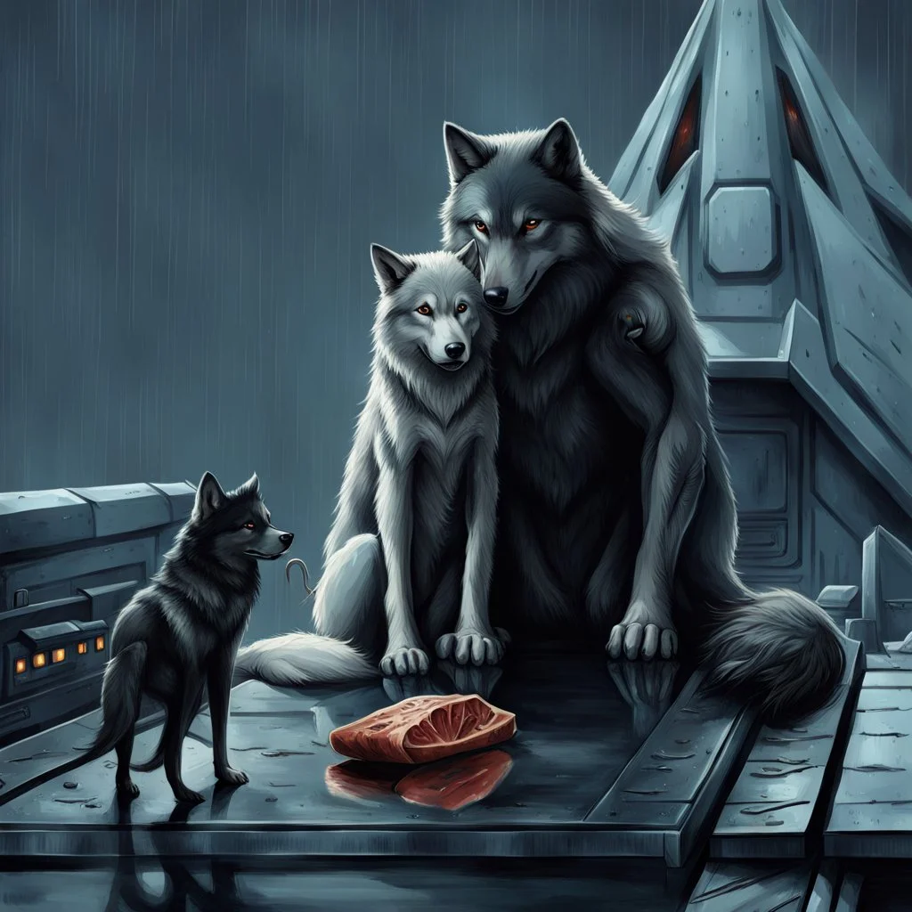 digital art front in picture an of little dark dog like creature stands and looking an anthropomorphic wolf couple sitting on the spaceship's ramp close together, the pale gray female wolf sits behind strong male wolf and puts one paw on the dark gray wolfman's shoulder, raini day, on ramp a little piece of meat lies down, high contrast, high detalied, high realistic, in background detail of an angular spaceship. Rain, The atmosphere is a seamless blend of sci-fi, dark fantasy