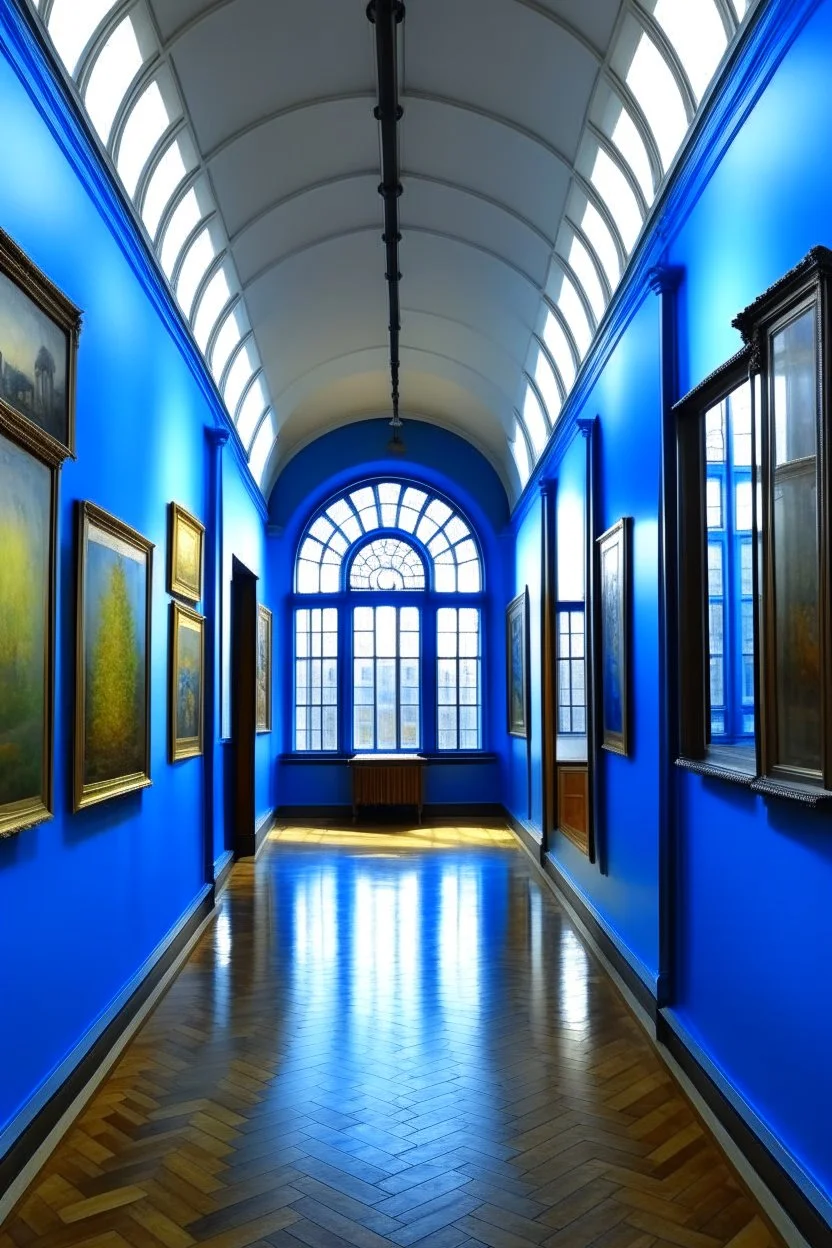 An exhibition of paintings whose side walls are in the shape of an oval and made of blue glass and its floor is light with a wall in the middle of the hall to divide it into two parts with a corridor at the beginning and end of the wall and the paintings displayed are old and historical with a window at the end