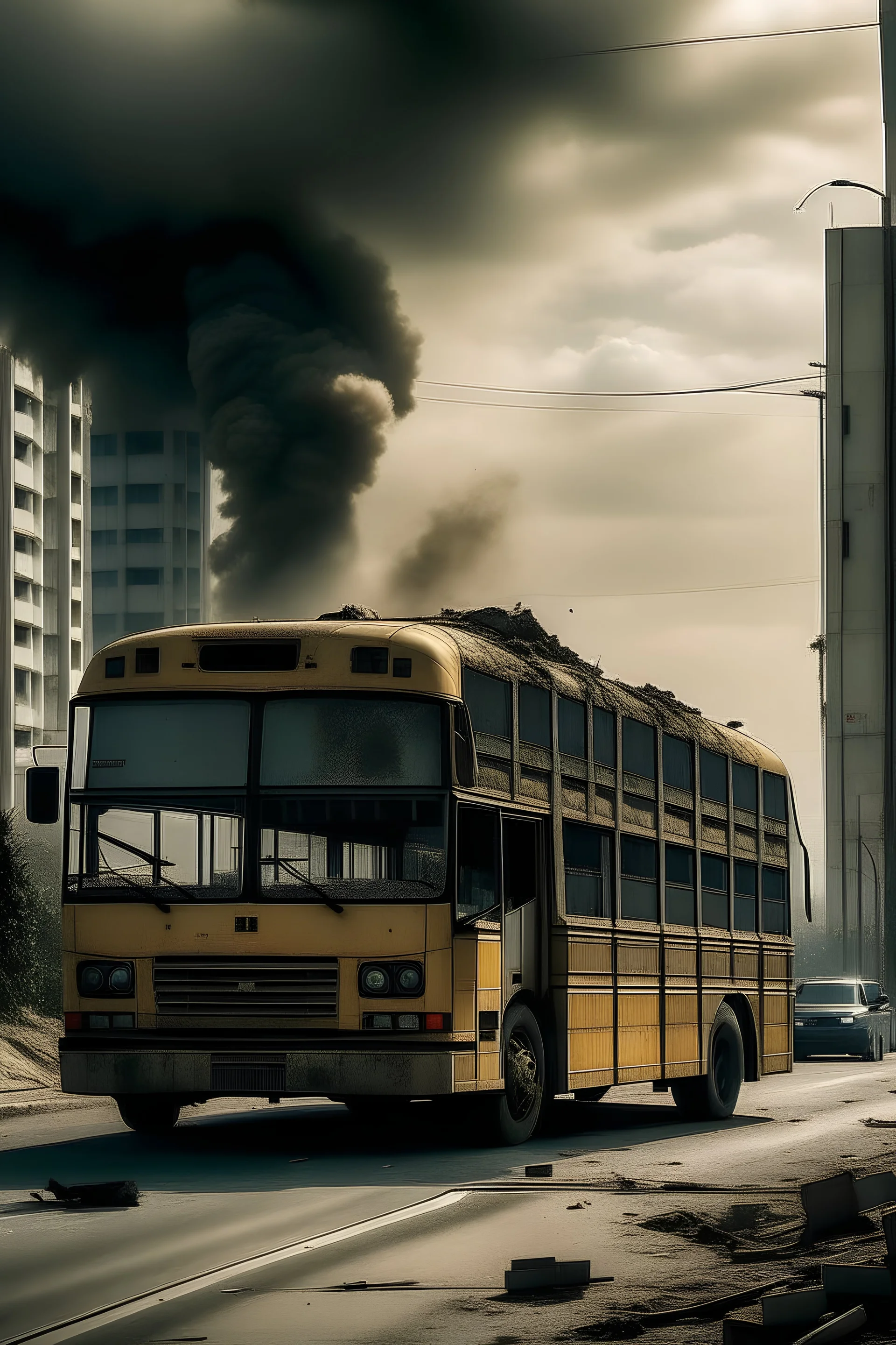 A bus driving from a bombing city