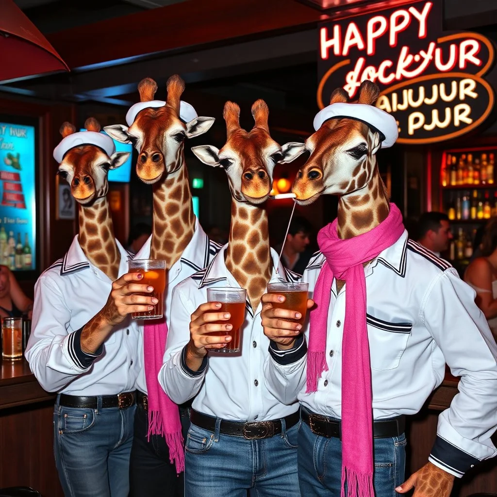 very Gay Giraffes sailors with white shirts and berrets and tight jeans standing in a bar drinking drinks with umbrellas, pride, makeup, smoking ciggarets, smiling, sparkling eyes, very happy, after dark, pink scarf, happy hour drinks sign, necking,