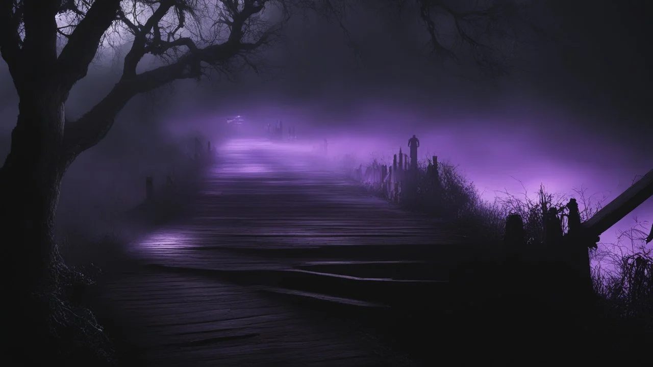 walking straight ahead over a wooden bridge, holding the angel of death with your right hand, entering the fog at the end of the road that leads to the afterlife, and a beautiful sunset and galaxy's behind the fog, realistic