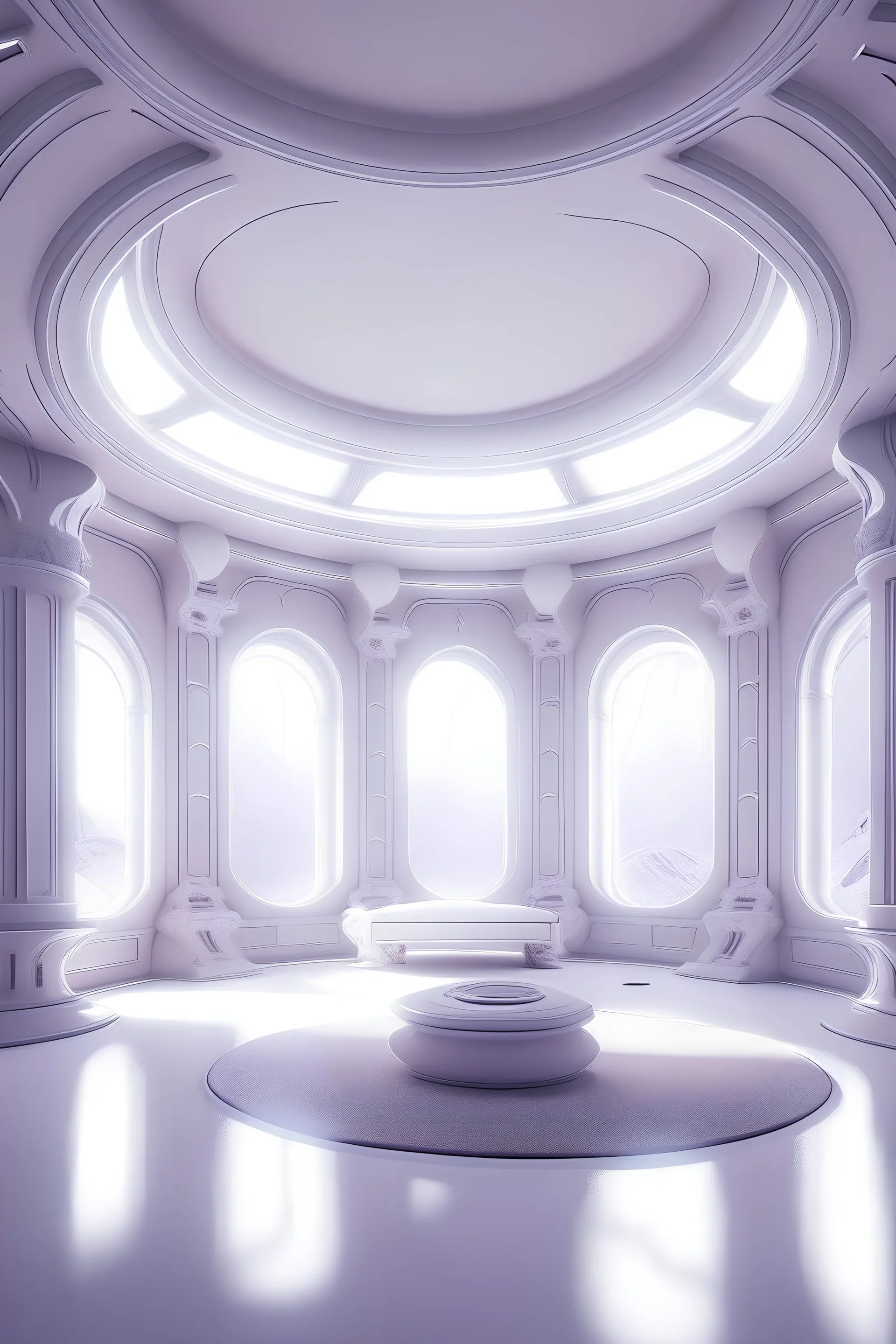 SALON DE UN CASTILLO EXTRATERRESTRE EN COLORES CLAROS, BLANCO, LILA